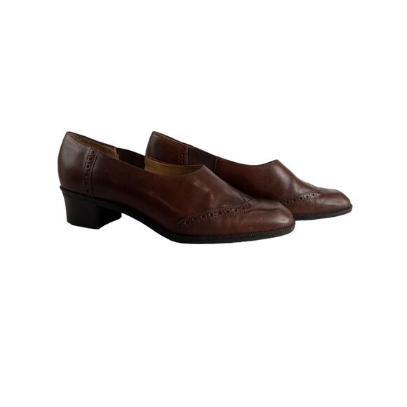 Vintage Unisa Brown Leather Brogue Slip-On Heels Classic Classy Capsule 80s 90s - Picture 2 of 11